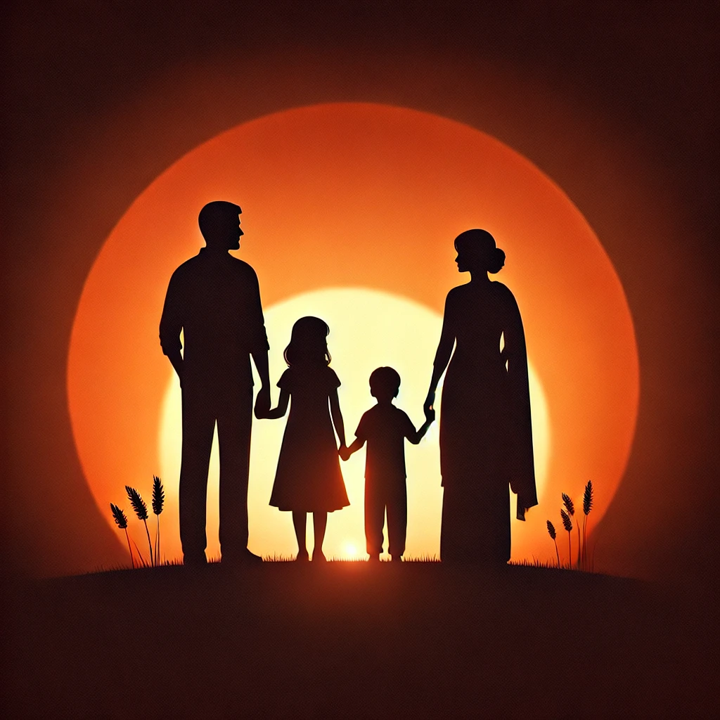 DALL·E 2025-03-20 11.23.00 - A silhouette of an Indian family facing away from the screen. The family consists of two parents and two children, standing together against a warm su