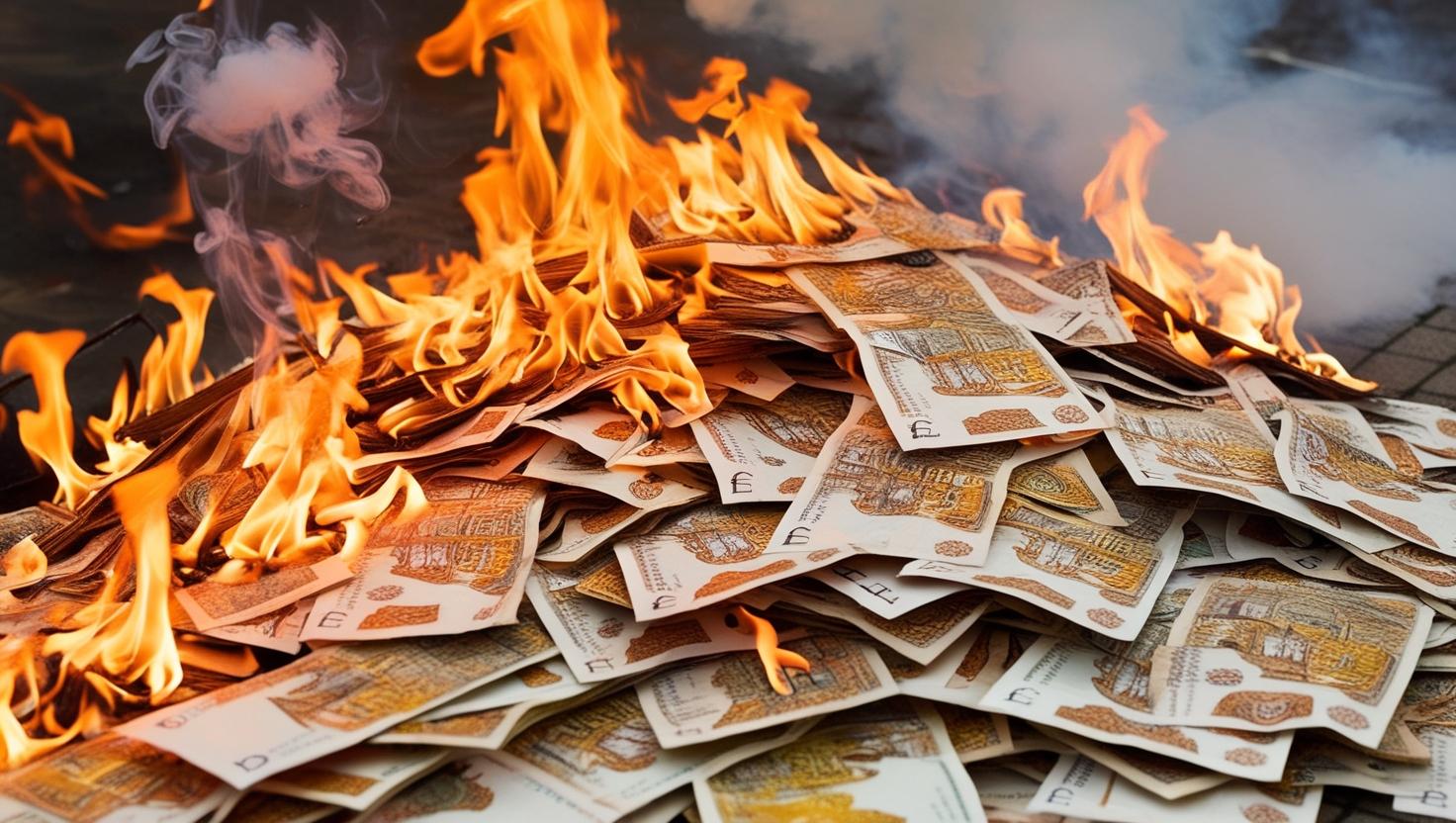 massive pile of British money on fire